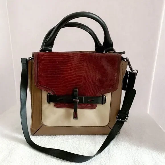 Vince Camuto 'Max' Tri-Color Leather Satchel Croc-Embossed Flap Adjustable Strap